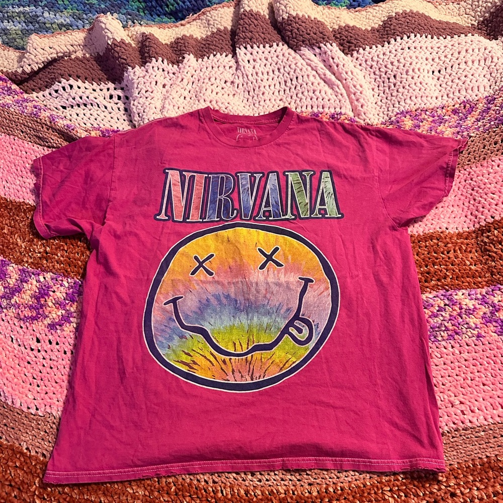 NIRVANA Smiley Face Tee - Magenta and Multicolor